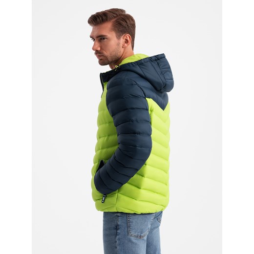 Nylonowa pikowana kurtka męska w stylu sportowym – limonkowa V4 OM-JALP-0185 M ombre