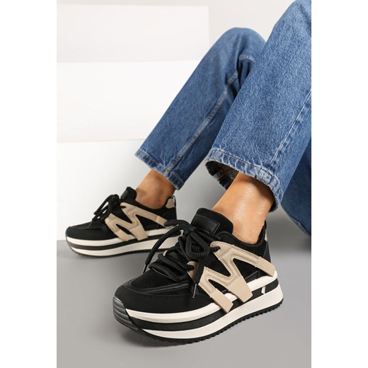 Czarno-Beżowe Sneakersy na Platformie z Geometrycznym Wzorem i Sznurowaniem Fiorinnia ze sklepu renee.pl w kategorii Buty sportowe damskie - zdjęcie 175516609