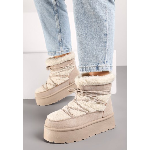 Beżowe Futerkowe Śniegowce Sznurowane na Grubej Podeszwie Werira ze sklepu renee.pl w kategorii Śniegowce damskie - zdjęcie 175516676