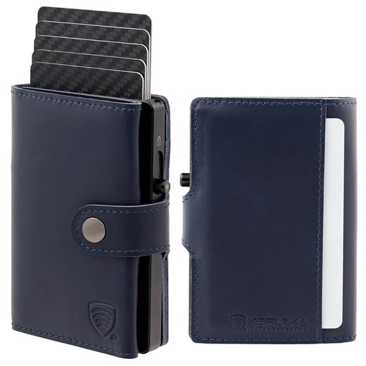Skórzany portfel męski z zewnętrzną kieszenią na kartę oraz aluminiowym etui z wysuwanymi kartami (granatowy) ze sklepu Koruma ID Protection w kategorii Portfele męskie - zdjęcie 175518919