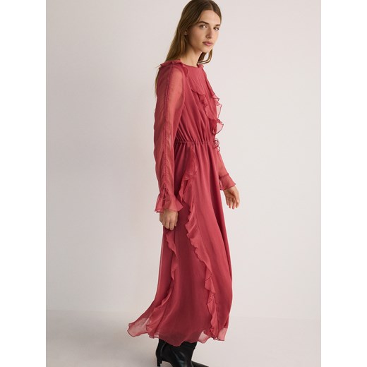 Reserved - Sukienka maxi z falbanami - brudny róż Reserved L Reserved