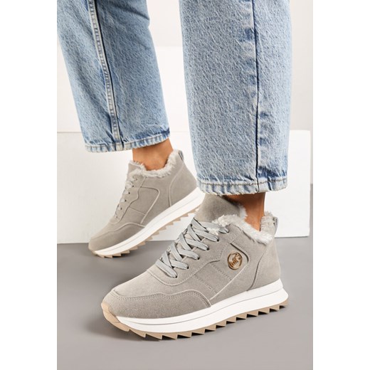 Szare Sneakersy na Platformie z Futerkiem Egiapia ze sklepu born2be.pl w kategorii Buty sportowe damskie - zdjęcie 175529849
