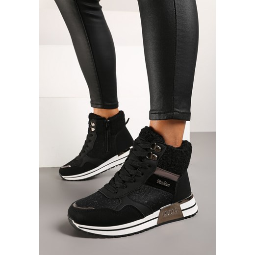 Czarne Sneakersy z Futrem Metaliczną Wstawką i Brokatowym Połyskiem Saliwenna ze sklepu born2be.pl w kategorii Buty sportowe damskie - zdjęcie 175560387