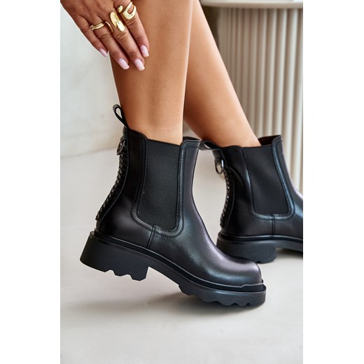 Sztyblety Botki Ocieplane Skóra Naturalna Ozdobny Łańcuch Czarne D&A JC42-86 ze sklepu ZAZOO w kategorii Botki - zdjęcie 175564708