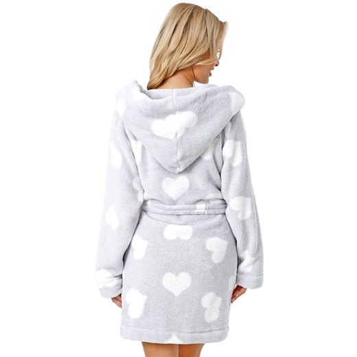 Gruby szlafrok damski z kapturem szary w serca 102, Kolor szaro-biały, Rozmiar XS/S, Donna ze sklepu Primodo w kategorii Szlafroki damskie - zdjęcie 175566107