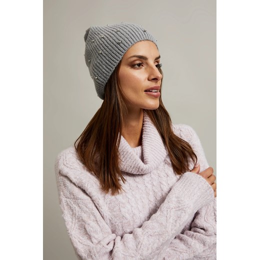 Prążkowana czapka z perełkami szara ONE SIZE Moodo.pl