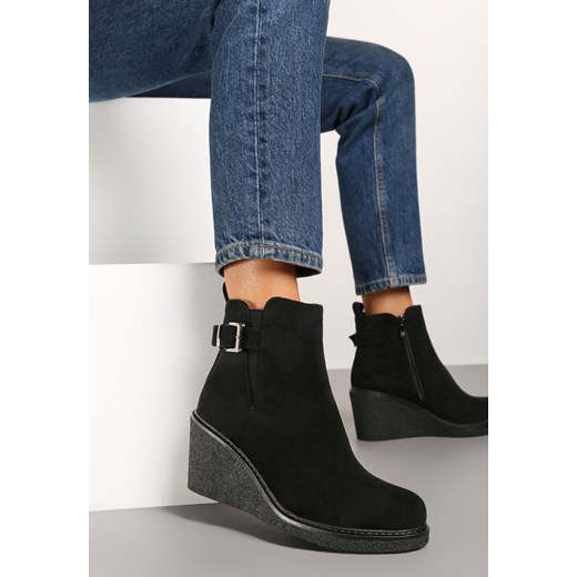 Czarne Botki na Koturnie z Ozdobnym Paskiem i Klamrą Reaniorra Renee 38 wyprzedaż renee.pl