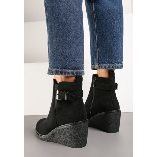 Czarne Botki na Koturnie z Ozdobnym Paskiem i Klamrą Reaniorra Renee 37 wyprzedaż renee.pl