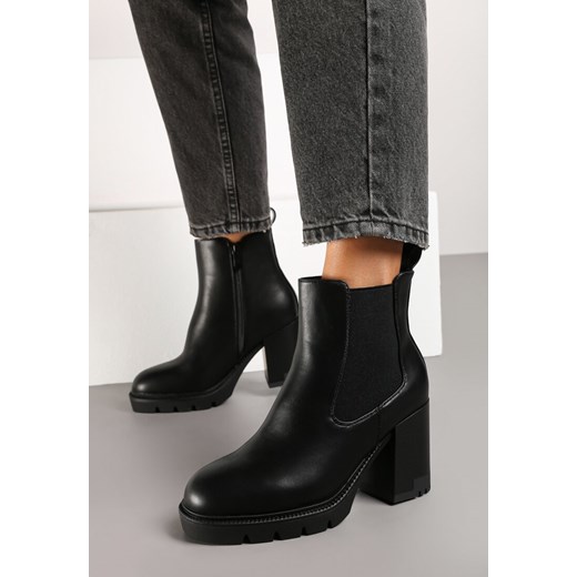 Czarne Botki na Obcasie w Stylu Sztybletów z Gumką Realine ze sklepu born2be.pl w kategorii Botki - zdjęcie 175608018