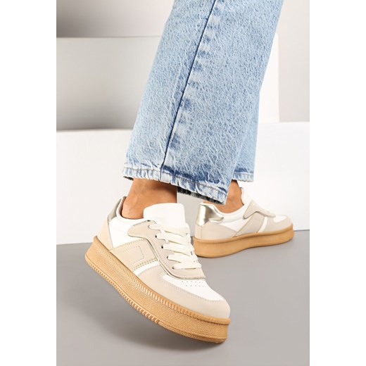 Beżowo-Białe Sneakersy na Płaskiej Podeszwie Ozdobione Przeszyciami i Perforacją Nealiora ze sklepu renee.pl w kategorii Buty sportowe damskie - zdjęcie 175623065