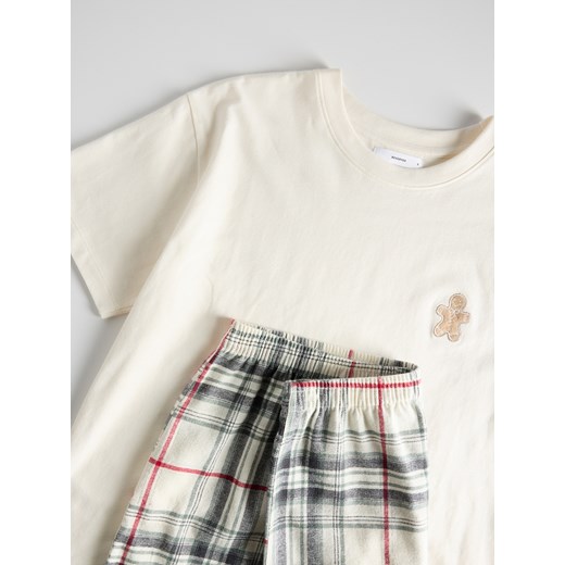 Reserved - Dwuczęściowa piżama z haftem - złamana biel Reserved L Reserved