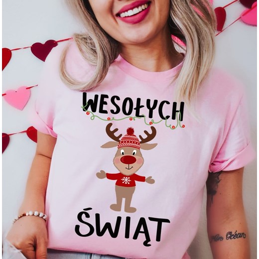 świąteczna koszulka wesołych świąt damska - kolor różowy Timeforf XXS Time For Fashion