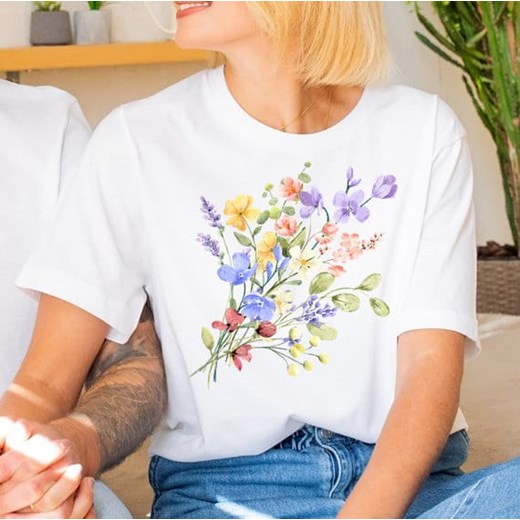 Biała damska koszulka Z NADRUKIEM KWIATKI4 ze sklepu Time For Fashion w kategorii Bluzki damskie - zdjęcie 175640996