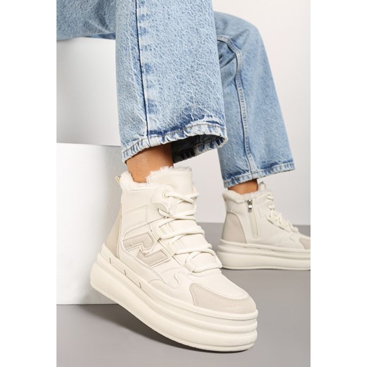Beżowe Sznurowane Sneakersy na Tłoczonej Platformie Ozdobione z Boku Aplikacją Neathalie ze sklepu renee.pl w kategorii Buty sportowe damskie - zdjęcie 175654545