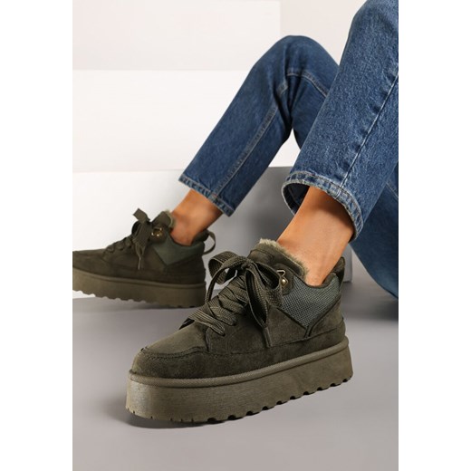 Ciemnozielone Sneakersy na Niskiej Platformie Mocno Ocieplane Tifilie ze sklepu renee.pl w kategorii Buty sportowe damskie - zdjęcie 175673448