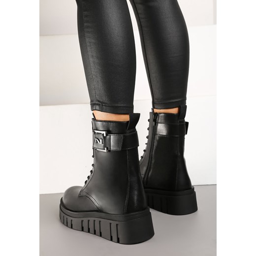 Czarne Sznurowane Botki na Tłoczonej Platformie w Stylu Workerów z Metalową Renee 41 promocja renee.pl