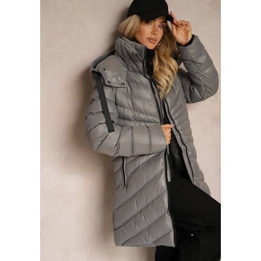 Ciemnoszara Zimowa Kurtka z Ukośnym Pikowaniem i Nieodpinanym Kapturem Siaritha Renee S okazyjna cena Renee odzież