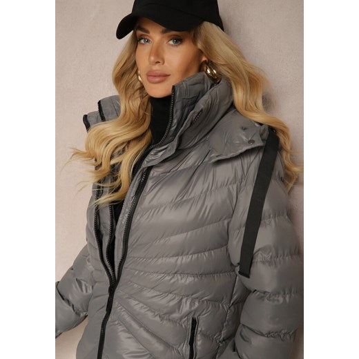 Ciemnoszara Zimowa Kurtka z Ukośnym Pikowaniem i Nieodpinanym Kapturem Siaritha Renee S Renee odzież okazja