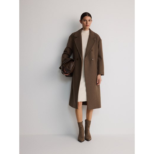 Reserved - Prążkowana sukienka midi z półgolfem - kremowy Reserved S Reserved