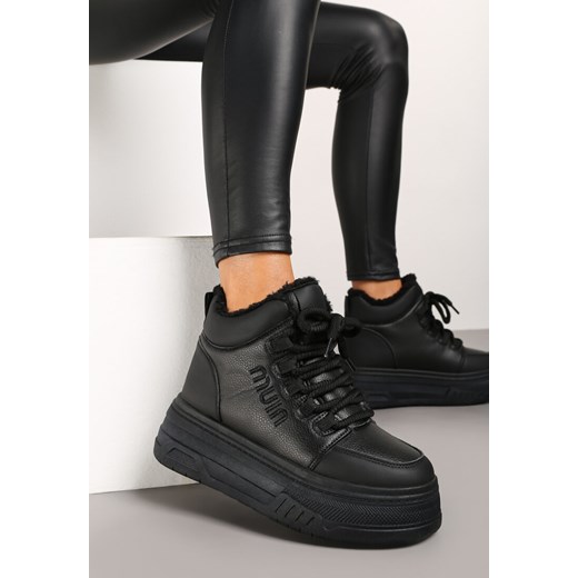 Czarne Sneakersy na Platformie Ocieplane Futrem Leanelitia ze sklepu born2be.pl w kategorii Buty sportowe damskie - zdjęcie 175690976