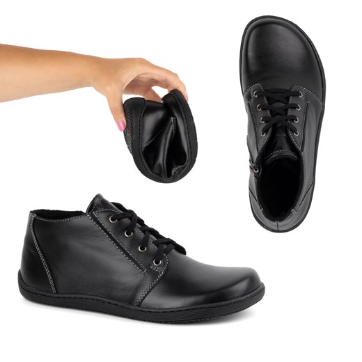 Buty damskie skórzane BAREFOOT lekko ocieplone za kostkę z zamkiem 787 czarny ze sklepu butyolivier w kategorii Półbuty damskie - zdjęcie 175725777