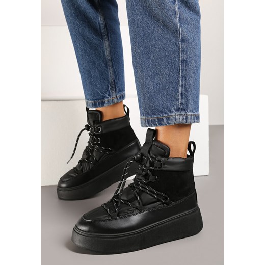 Czarne Śniegowce na Grubej Podeszwie ze Sznurowaną Cholewką i Futrzanym 39 promocja born2be.pl