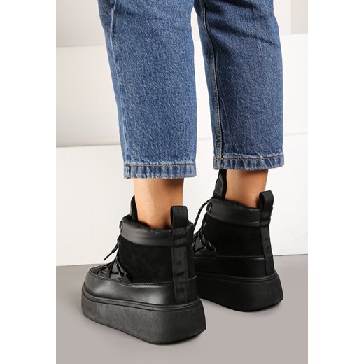 Czarne Śniegowce na Grubej Podeszwie ze Sznurowaną Cholewką i Futrzanym 40 promocja born2be.pl