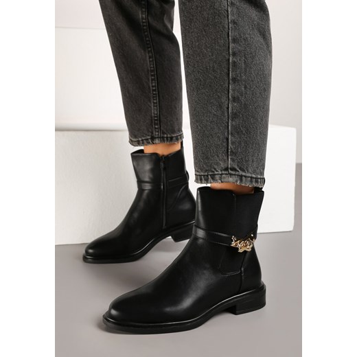 Czarne Botki w Stylu Sztybletów Zdobione Paskiem z Metalową Aplikacją Riavessa Renee 41 okazyjna cena renee.pl