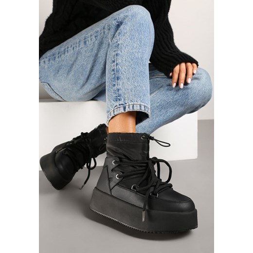 Czarne Sznurowane Śniegowce na Grubej Podeszwie ze Ściągaczem Tintoriae ze sklepu born2be.pl w kategorii Śniegowce damskie - zdjęcie 175739738