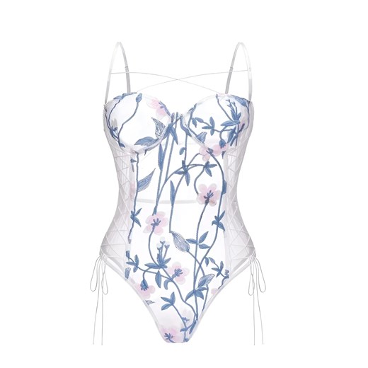 Body koronkowe z niebieskimi kwiatami - Biały / S ze sklepu Valetta.pl w kategorii Body damskie - zdjęcie 175899706