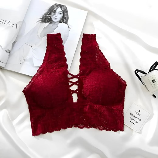 Biustonosz koronkowy bralette z paskami na dekolcie - Burgundowy / Uniwersalny ze sklepu Valetta.pl w kategorii Biustonosze - zdjęcie 175901038