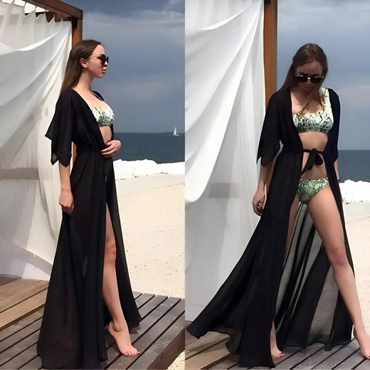 Długie kimono plażowe - Czarny / Uniwersalny ze sklepu Valetta.pl w kategorii Odzież plażowa - zdjęcie 175901426