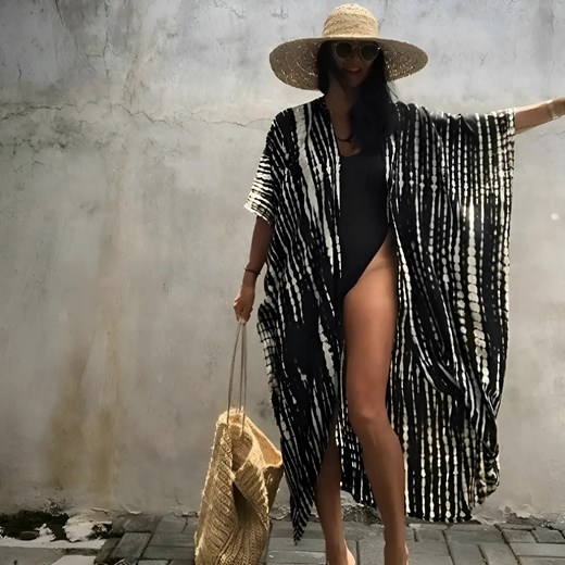 Kimono plażowe w paski - Czarny / Uniwersalny ze sklepu Valetta.pl w kategorii Odzież plażowa - zdjęcie 175901587