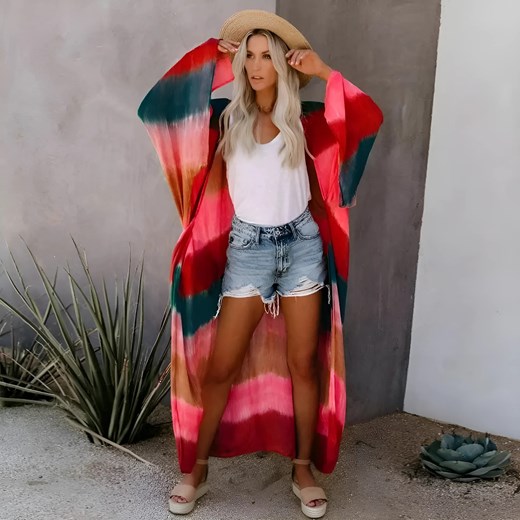 Kimono plażowe w paski - Czerwony / S ze sklepu Valetta.pl w kategorii Odzież plażowa - zdjęcie 175902669