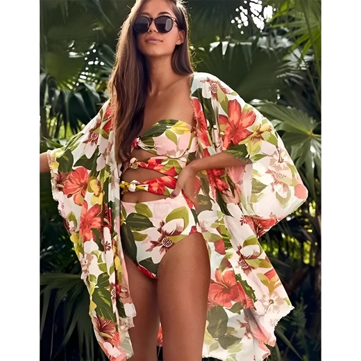 Krótkie kimono plażowe w kwiaty - Pomarańczowy / S ze sklepu Valetta.pl w kategorii Odzież plażowa - zdjęcie 175906105