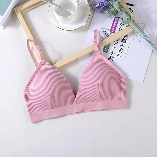 Prążkowany biustonosz o kroju bralette - Różowy / Uniwersalny ze sklepu Valetta.pl w kategorii Biustonosze - zdjęcie 175906655