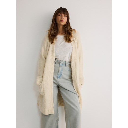 Reserved - Długi kardigan z domieszką alpaki - kremowy ze sklepu Reserved w kategorii Swetry damskie - zdjęcie 175928145