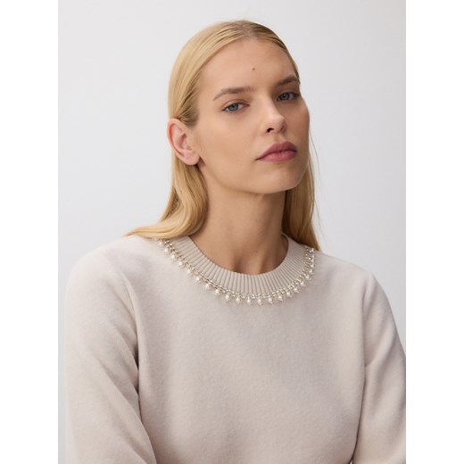 Reserved - Bluza z ozdobnym dekoltem - beżowy Reserved L Reserved