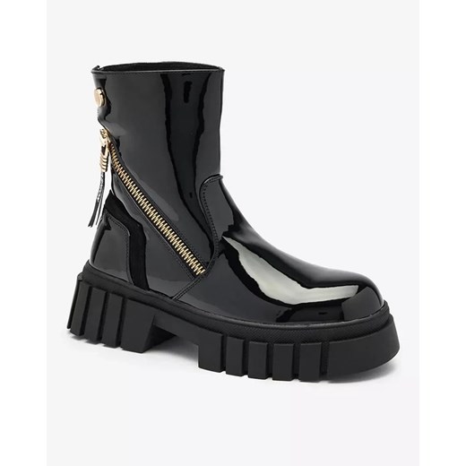 Royalfashion Czarne damskie lakierowane botki na masywnej podeszwie ShinyFur Royalfashion.pl 39 royalfashion.pl promocja