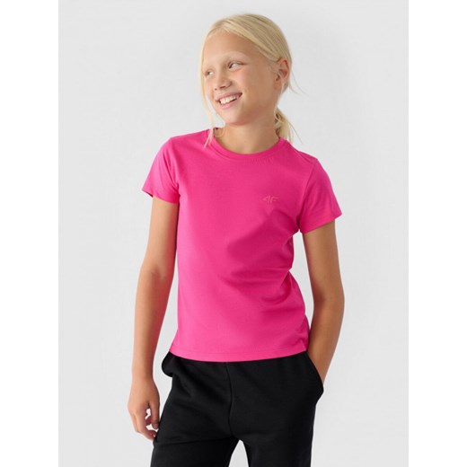 Dziewczęcy t-shirt basic 4F 4FJWMM00TTSHF1658 - różowy ze sklepu Sportstylestory.com w kategorii Bluzki dziewczęce - zdjęcie 176008785