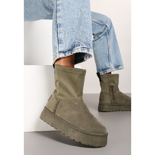 Zielone Śniegowce na Płaskiej Podeszwie ze Skarpetową Cholewką Sevinae ze sklepu born2be.pl w kategorii Śniegowce damskie - zdjęcie 176042966