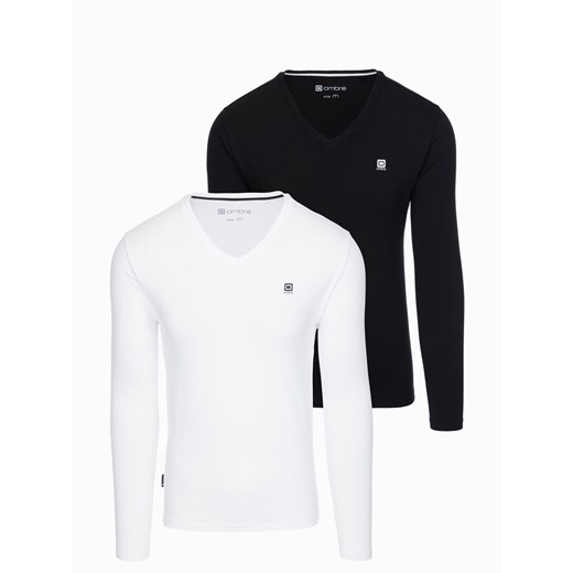 Zestaw męskich longsleeve'ów SLIM FIT z dekoltem typu V i logotypem 2-pak – mix biały/czarny V4 Z87 ze sklepu ombre w kategorii T-shirty męskie - zdjęcie 176058507