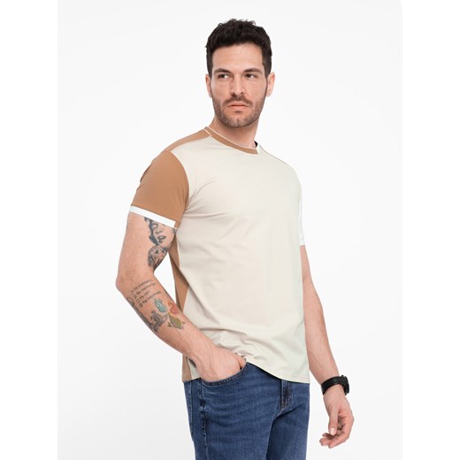Męski t-shirt z elastanem z kolorowymi rękawami - brązowy V1 OM-TSCT-0176 ze sklepu ombre w kategorii T-shirty męskie - zdjęcie 176058759