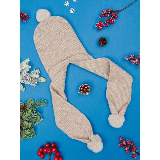 Sinsay - Czapka z pomponami - beżowy Sinsay S Sinsay