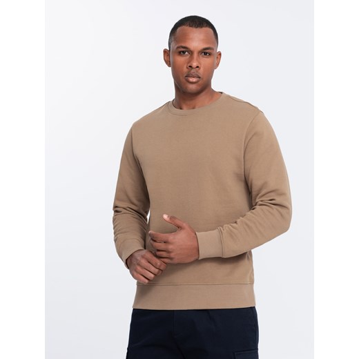Męska bluza dresowa BASIC z okrągłym dekoltem - brązowa V2 OM-SSBN-0175 ze sklepu ombre w kategorii Bluzy męskie - zdjęcie 176064347