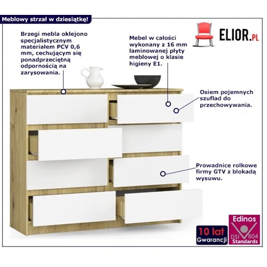 Komoda z szufladami do sypialni dąb artisan + biały - Dalmos 3X Elior One Size Edinos.pl