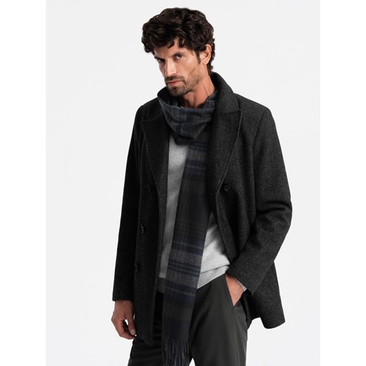 Męski szalik w szkocką kratę z frędzlami – czarno-szary V1 OM-ACSF-0113 uniwersalny ombre