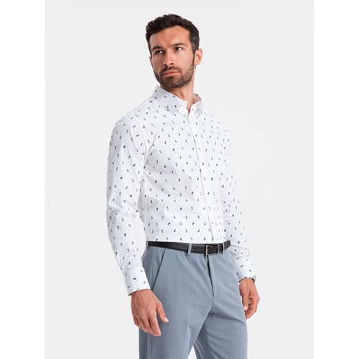 Męska koszula bawełniana we wzory SLIM FIT - biała V2 OM-SHCS-0151 ze sklepu ombre w kategorii Koszule męskie - zdjęcie 176074106