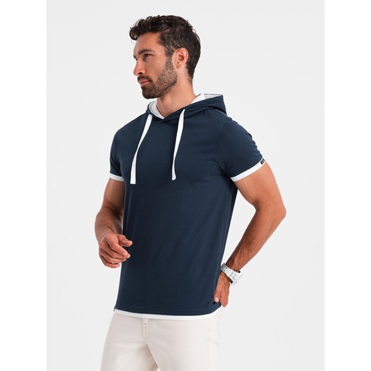 Casualowy męski t-shirt bawełniany z kapturem – granatowy V4 OM-TSCT-22SS-001 ze sklepu ombre w kategorii Bluzy męskie - zdjęcie 176080319