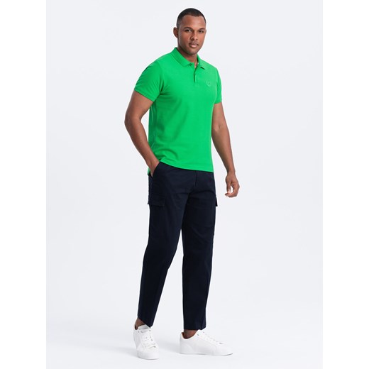 Męska koszulka polo jednokolorowa BASIC z dzianiny pique - neonowa zieleń V25 OM-POBS-0100 ze sklepu ombre w kategorii T-shirty męskie - zdjęcie 176080349